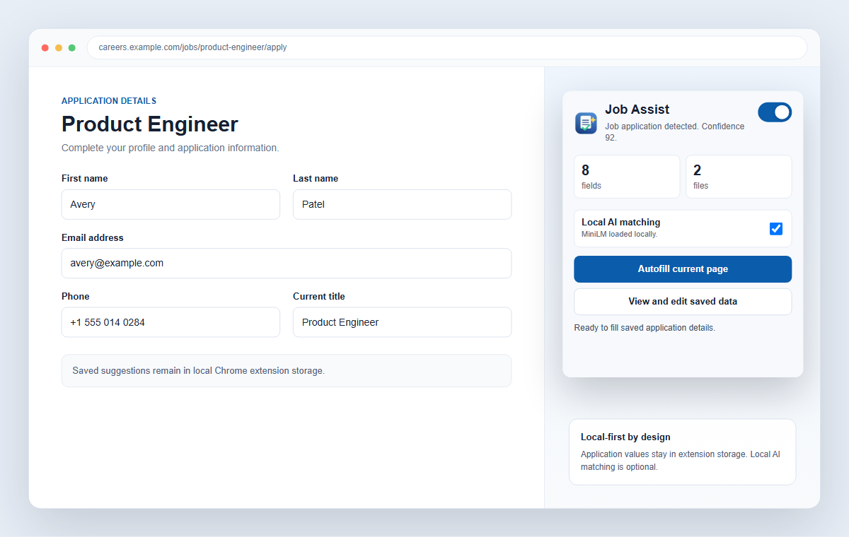 Job Assist popup rendered from the extension source with a detected application, eight locally saved test values, two files, and local MiniLM enabled.